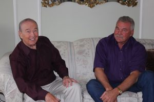 Bob Weir, left, interviews Ron Robertson, a former Bartonville mayor who is seeking election to the Place 3 town council seat current held by Clay Sams, who is also seeking re-election. (Photo by Netsky Rodriguez)