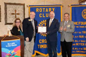 Mary Ann McDuff district governor- elect; Troy Secord, district 5790 governor; Andy Eads, Cross Timbers president; and Gerald Robinson assistant district governor (Photo Courtesy: Cross Timbers Rotary Club).